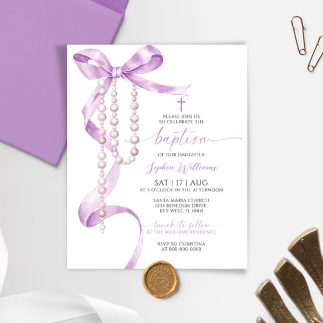 Budget Lavender Bow & Rosary Baptism Invitation (Creator Uploaded)