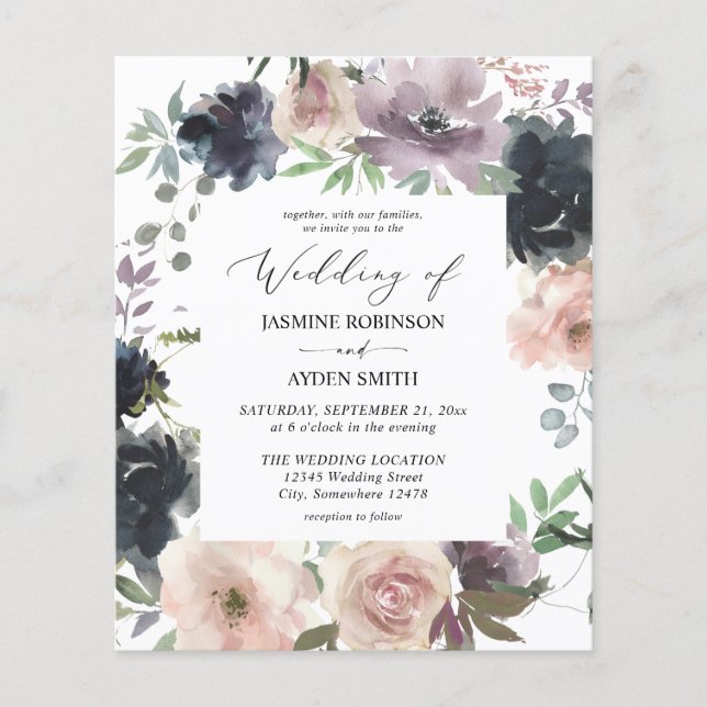 Budget Lavender, Navy Blue, Blush Pink Wedding Flyer (Front)