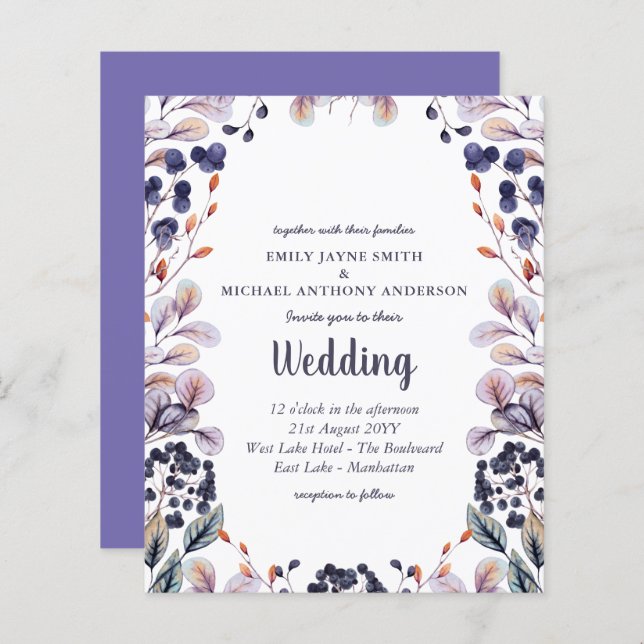 Budget Lavender Purple Leaves Wedding Invite (Front/Back)