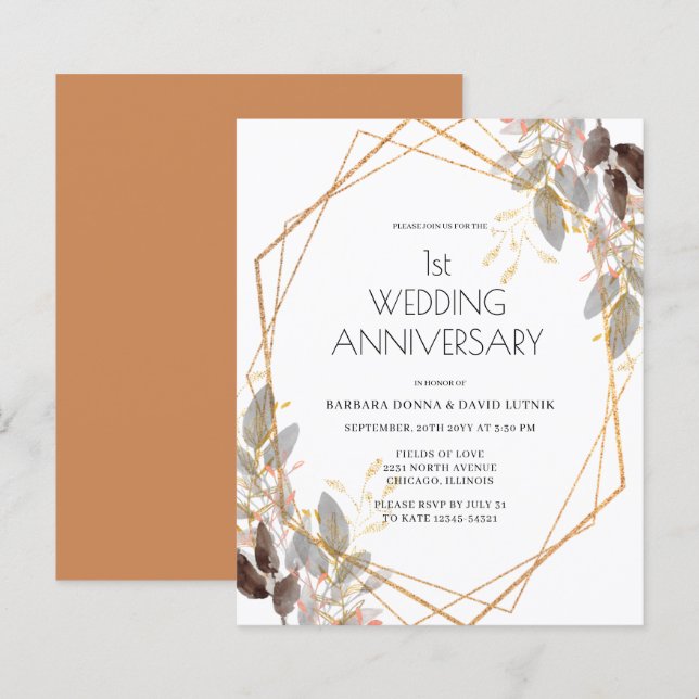 Budget Leafy Gold Wedding Anniversary Invitation (Front/Back)