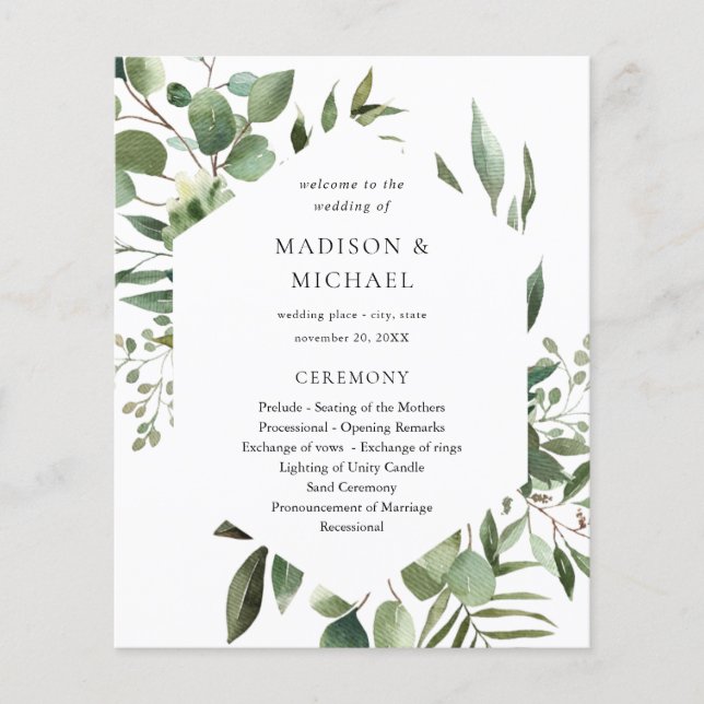Budget Leaves & Eucalyptus Rustic Wedding Ceremony Flyer (Front)
