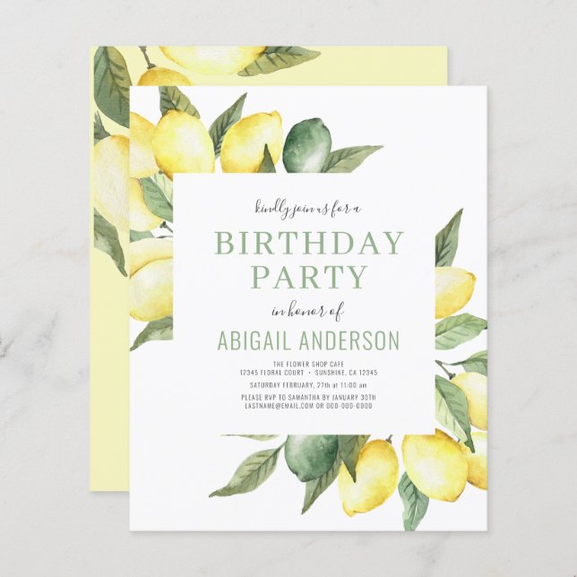 Budget Lemon Any Age Birthday Party Invitation (Front/Back)