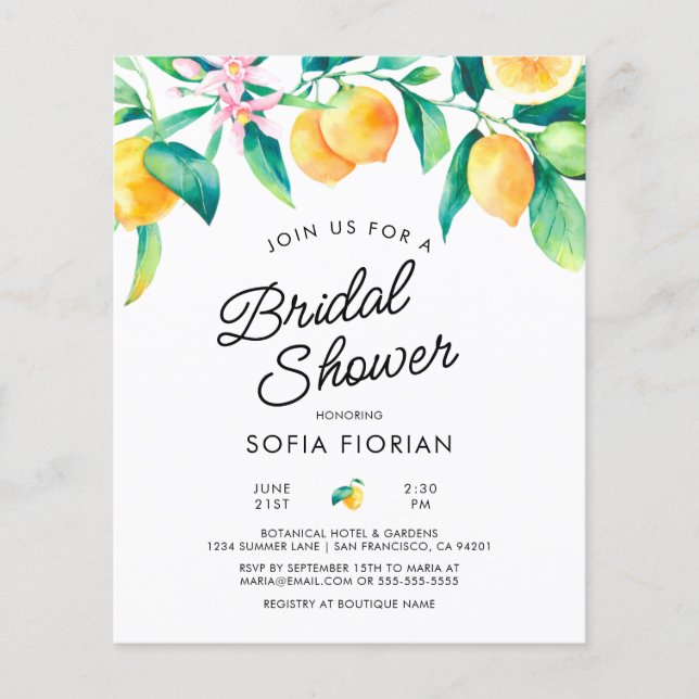 Budget Lemon Bridal Shower Invitation (Front)