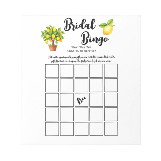 Budget lemon Citrus Bridal Shower Bingo Party Game Notepad (Front)