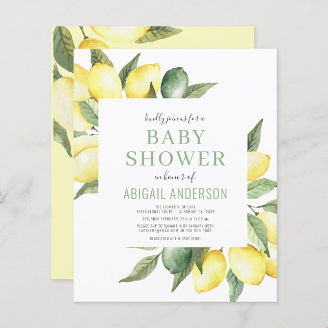 Budget Lemon Citrus Modern Baby Shower Invitation (Front/Back)