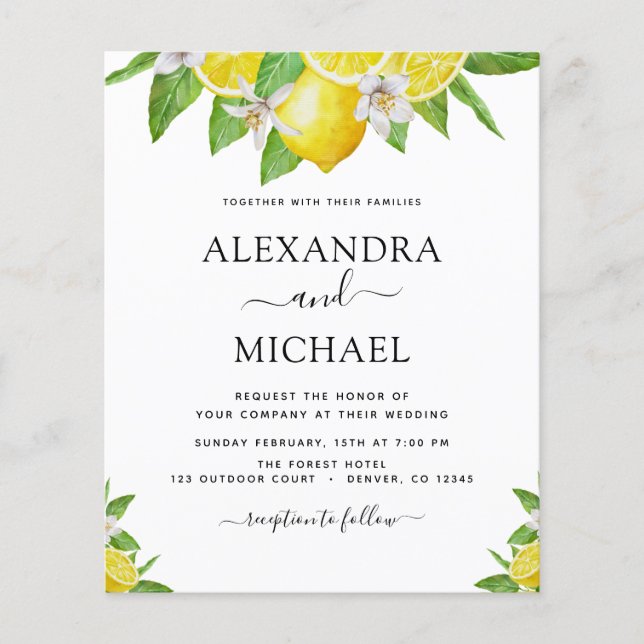 Budget Lemon Citrus Yellow Watercolor Wedding Flyer (Front)