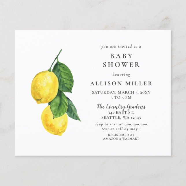 Budget Lemon Gender Neutral Baby Shower Invitation (Front)