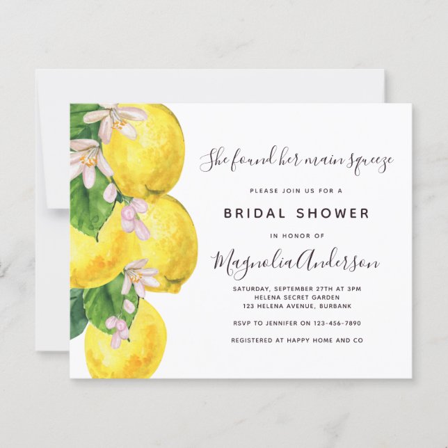 Budget Lemon Main Squeeze Bridal Shower Invitation (Front)
