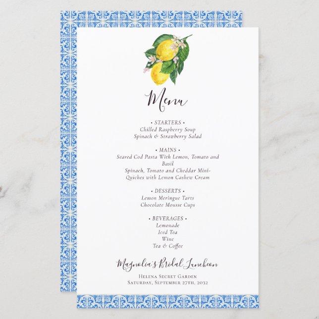 BUDGET Lemon Mediterranean Bridal Luncheon Menu (Front/Back)