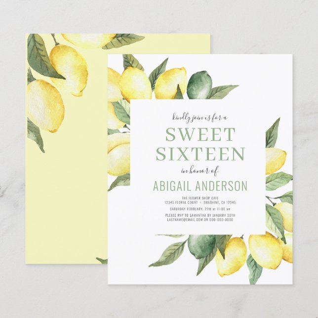 Budget Lemon Sweet Sixteen Birthday Invitation (Front/Back)