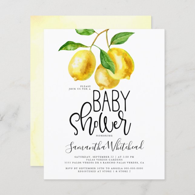Budget Lemon Watercolor Baby Shower Invitation (Front/Back)