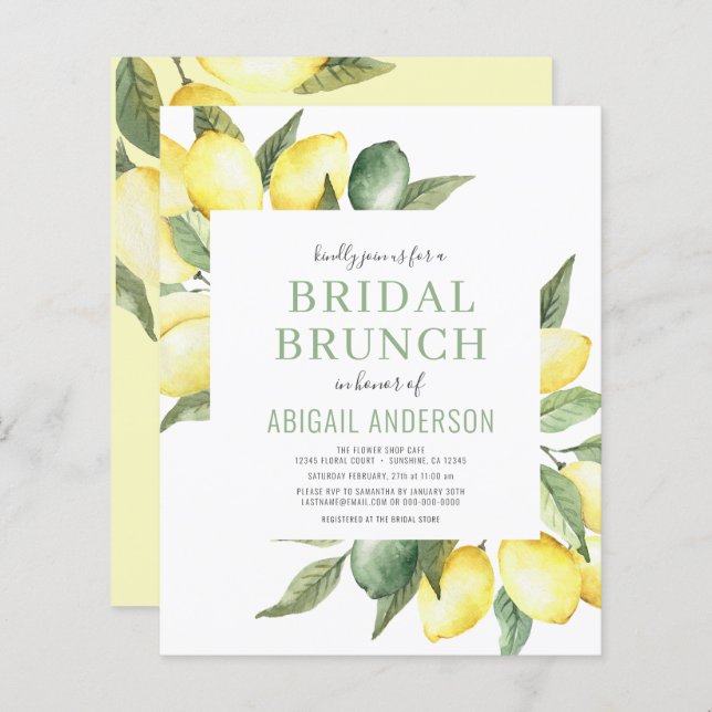 Budget Lemon Watercolor Bridal Brunch Invitation (Front/Back)