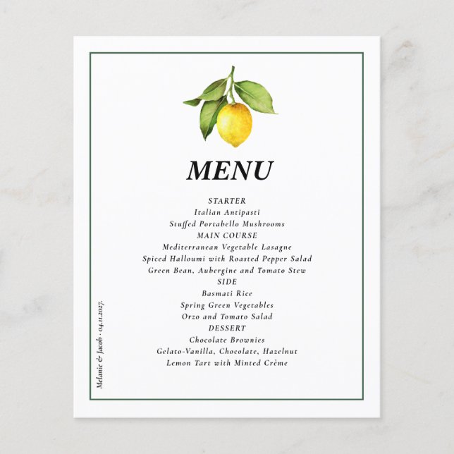 Budget Lemon Wedding Menu  (Front)