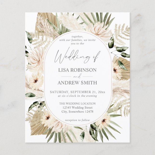 Budget LG Text Boho Pampas Grass Floral Wedding Flyer (Front)