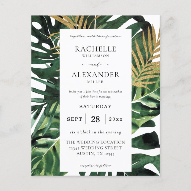 Budget LG Tropical Palm Leaf Gold 1B Wedding Flyer (Front)