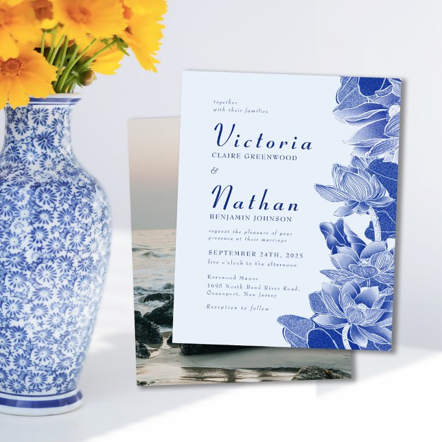 Budget Light Blue Photo Floral Wedding Invite  (Creator Uploaded)