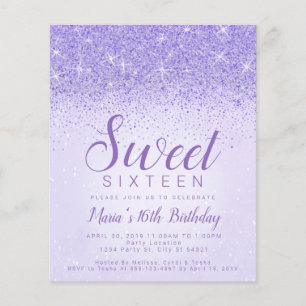 Budget Light Purple Glitter, Sweet 16 Invitations
