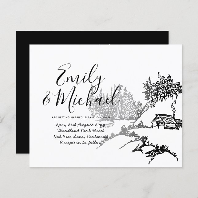 Budget Lineart Cabin in Woods Wedding Invite (Front/Back)