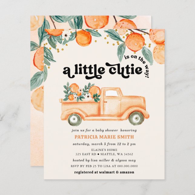 Budget Little Cutie Orange Baby Shower Invitation (Front/Back)