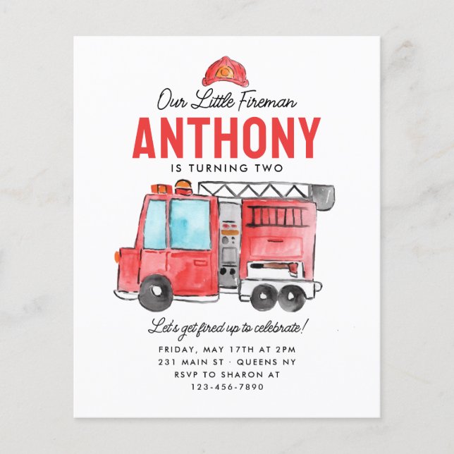 Budget Little Fireman Helmet Fire Truck Birthday Flyer (Front)