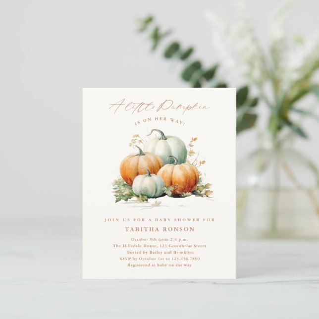 Budget Little Pumpkin Fall Baby Shower Invitation (Standing Front)