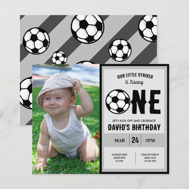 Budget Little Striker Soccer Photo 1st Birthday (Front/Back)