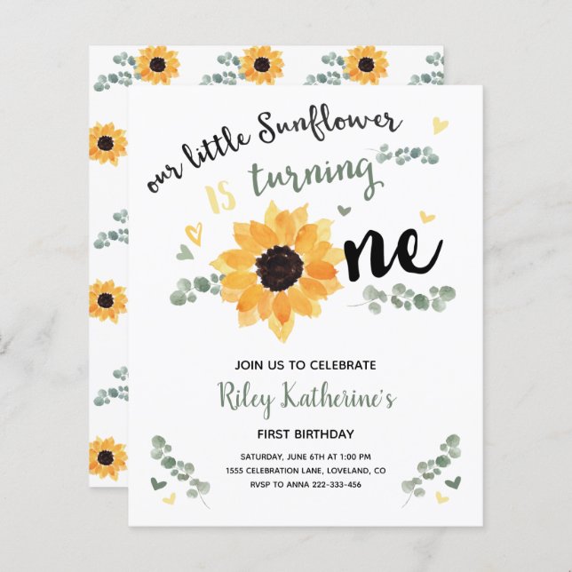 Budget Little Sunflower 1st Birthday Invitation (Front/Back)