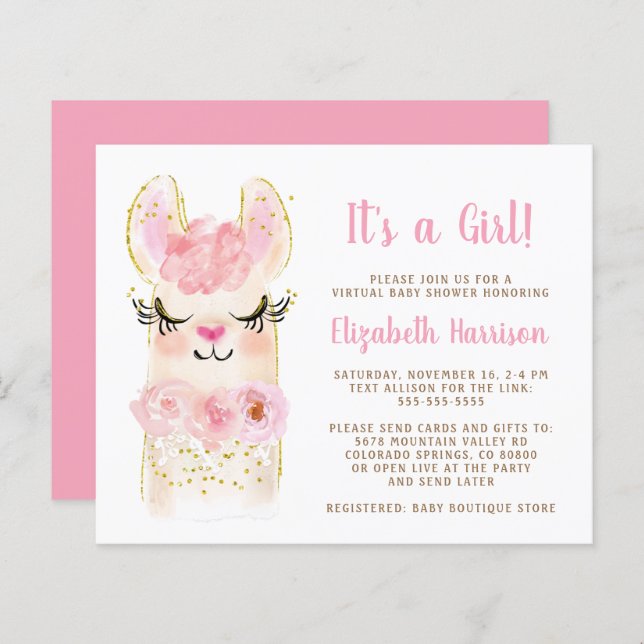 Budget Llama Baby Girl Virtual Shower Invitation (Front/Back)