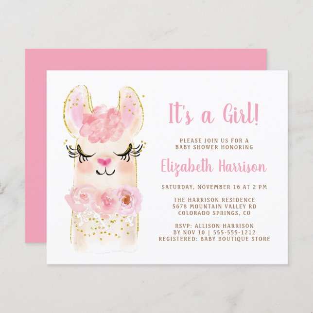Budget Llama Pink Baby Girl Shower Invitation (Front/Back)