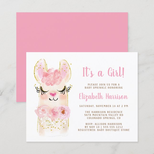 Budget Llama Pink Baby Girl Sprinkle Invitation (Front/Back)