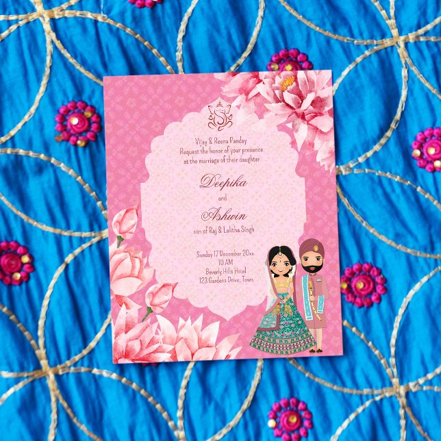 Budget lotus flowers Indian bridal couple invite (Creator Uploaded)