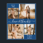 Budget Love and Thanks Collage Wedding Thank You F Flyer<br><div class="desc">Elegant, modern, minimalist navy and white hand written 4 photo collage personalised wedding thank you personalised affordable low budget THIN card. ***PLEASE NOTE, SCROLL DOWN FOR MORE INFO!*** Stylish wedding thank you card template featuring four (4) photo on the front and one (1) photo on the back side. With the...</div>