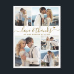 Budget Love and Thanks Photo Wedding Thank You  Postcard<br><div class="desc">Budget Cheap Minimalist Elegant "Love and thanks" Heart Gold Script Wedding 5 Photo Collage Thank You Postcard. Modern wedding thank you card template featuring five (5) photo on the front and one (1) photo on the back. With the text "Love and thanks" in a swirly hand lettered typography script font...</div>