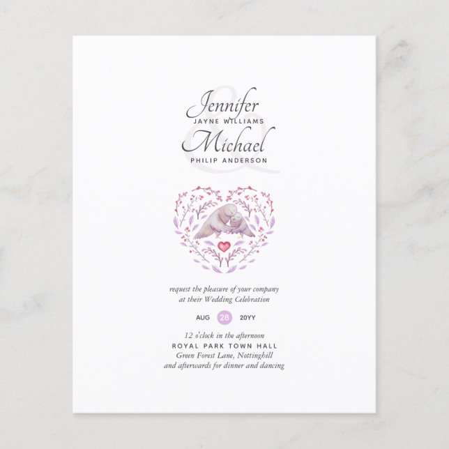 Budget Love Birds Mauve Wedding Invites (Front)