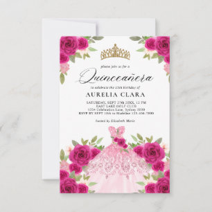 BUDGET Magenta Pink Dress Floral 15th Quinceañera Card