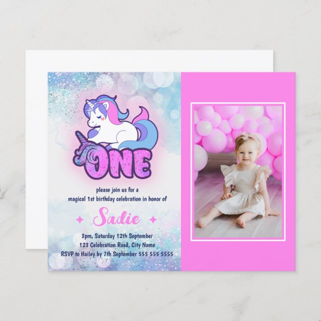 Budget Magical Unicorn 1st Birthday Photo Invite (Front/Back)