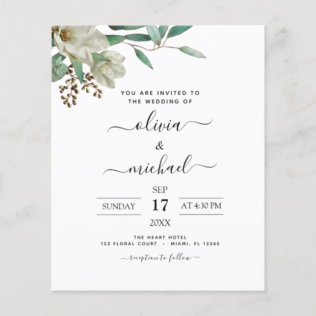 Budget Magnolia Eucalyptus Photo Greenery Wedding Flyer (Front)