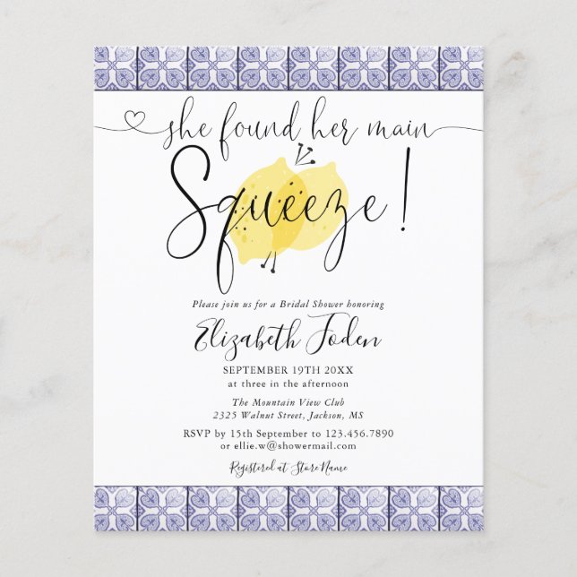 Budget Main Squeeze Tiles Bridal Shower Invitation (Front)