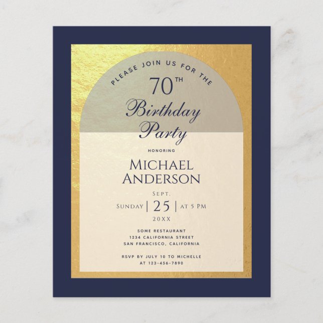 Budget Man 70th Birthday Navy Blue Gold Invitation (Front)