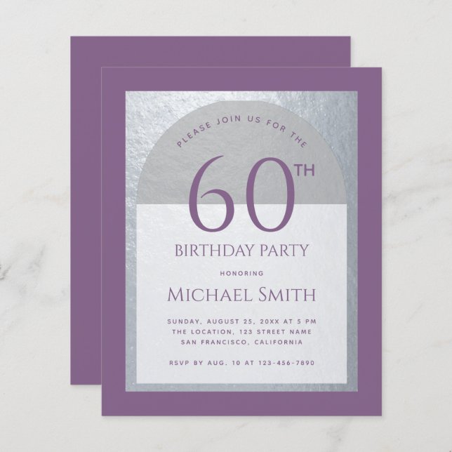 Budget Man Birthday Dusty Purple Silver Invitation (Front/Back)