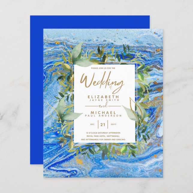BUDGET Marble Blue Gold Greenery Wedding Invites (Front/Back)