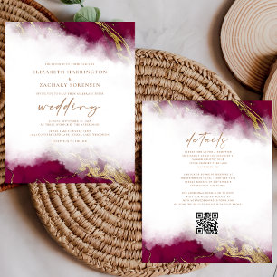 Budget Marble Burgundy Gold QR Code Wedding Invite
