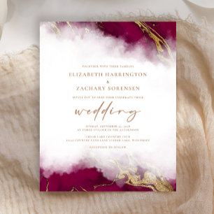 Budget Marble Burgundy Red Gold Wedding Invitation