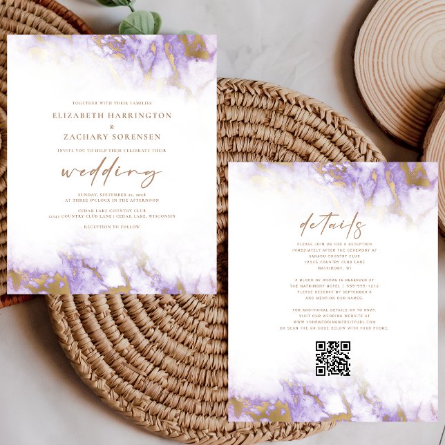 Budget Marble Lavender Gold QR Code Wedding Invite (Creator Uploaded)