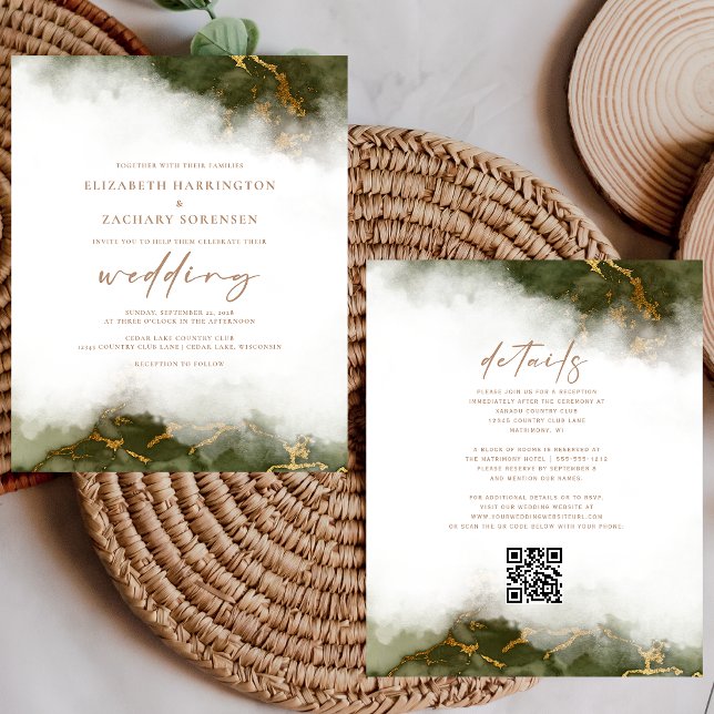 Budget Marble Olive Green Gold QR Code  Wedding (Creator Uploaded)