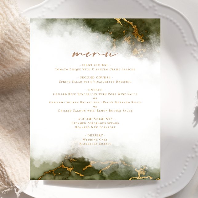 Budget Marble Olive Green Gold Wedding Menu (Creator Uploaded)