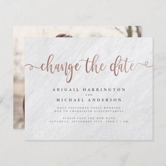 Budget Marble & Rose Gold Script Change The Date (Front/Back)
