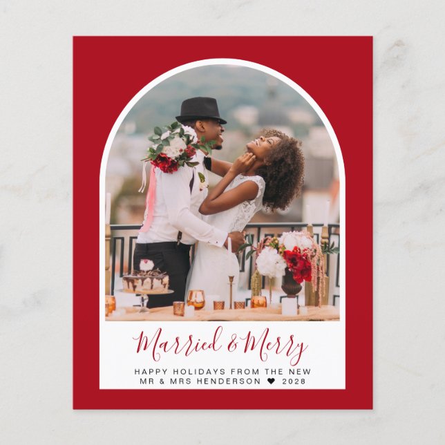 Budget Married Merry Arch Photo Red Holiday Card (Front)