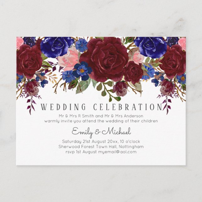 BUDGET Marsala Blue Pink Floral Wedding Invitation Postcard (Front)