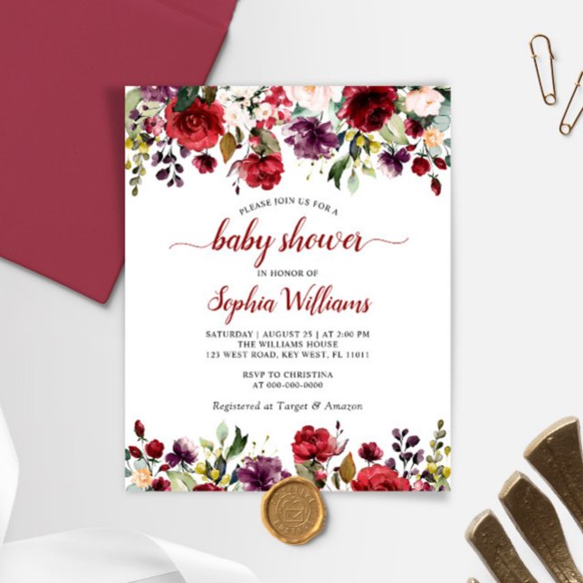 Budget Marsala & Pink Rose Baby Shower Invitation (Creator Uploaded)